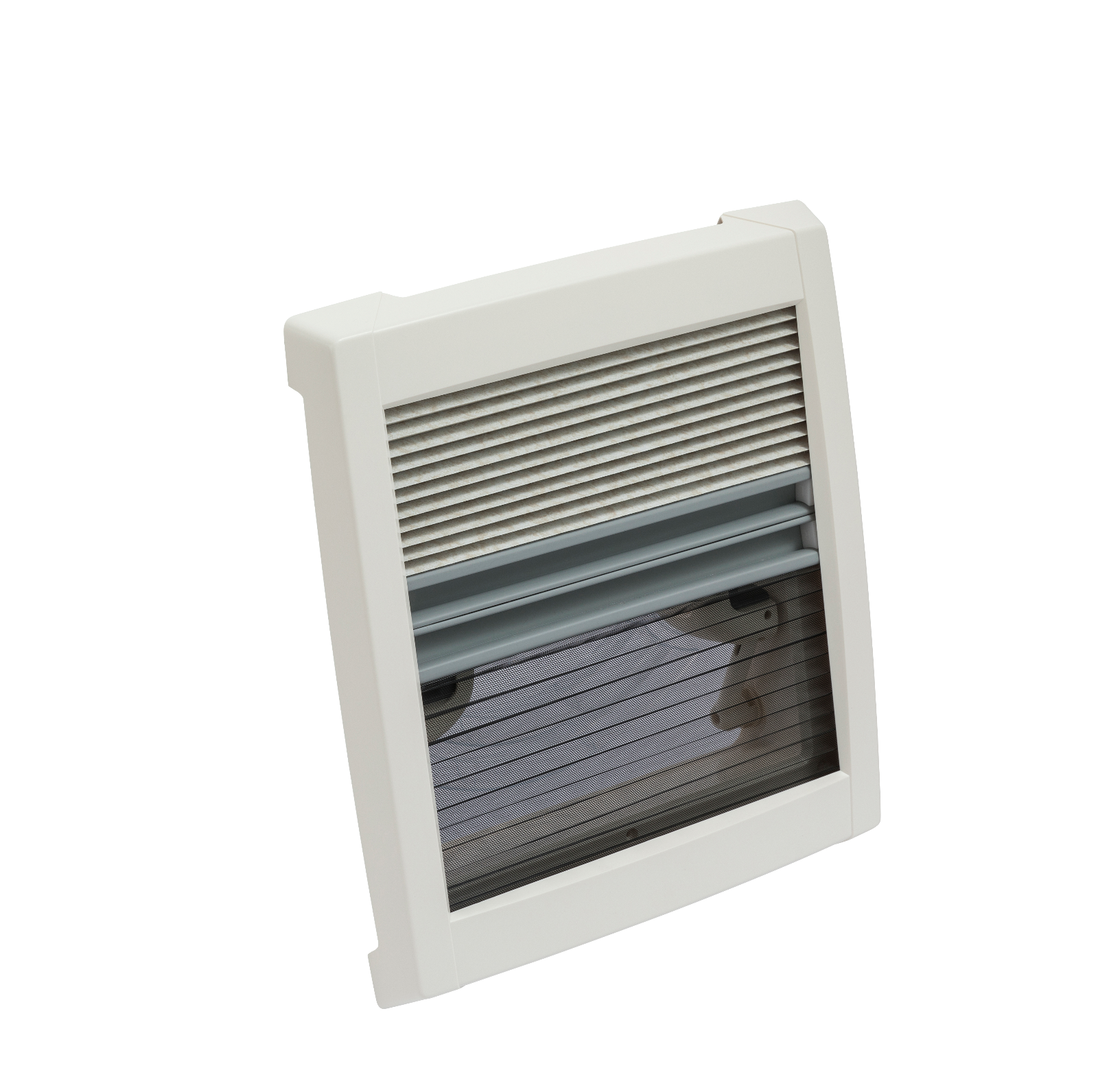 MPK Dachhaube VisionVent S pro in cremeweiß von Innen mit zugezogenen Plissees