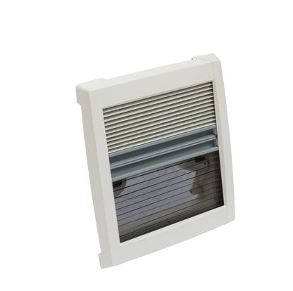 MPK Dachhaube VisionVent S pro in cremeweiß von Innen mit zugezogenen Plissees