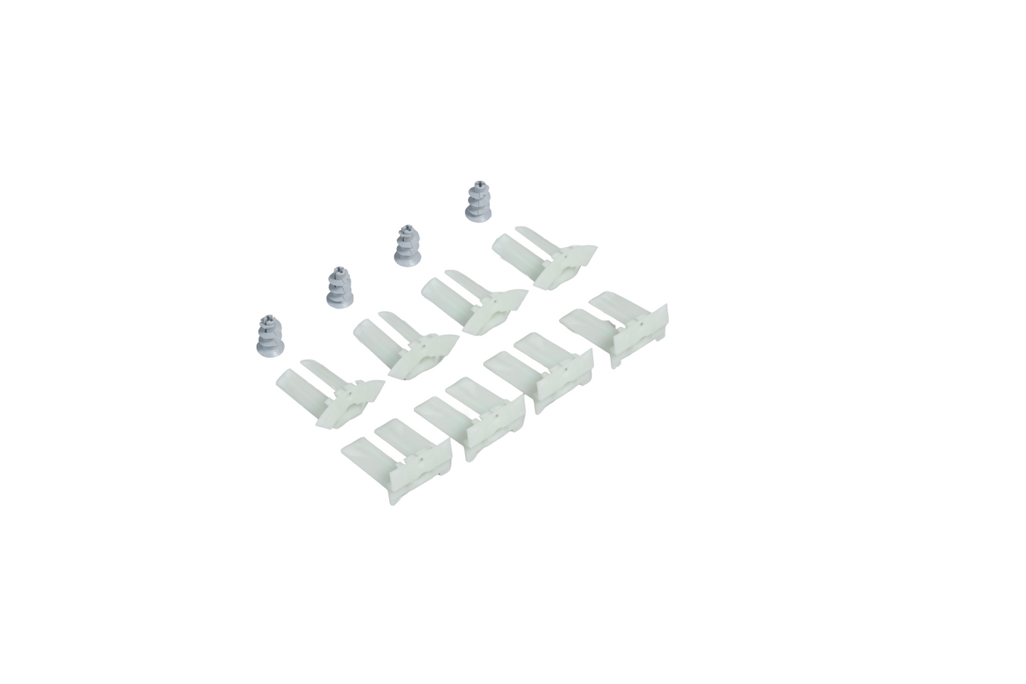 Befestigungsteile-Set für 40x40 cm Plissee-Innenrahmen bestehend aus jeweils 4 Eck- und Seitenklammern und Kunststoffschrauben